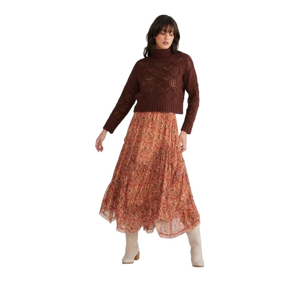 Talisman SABRINA High-Low Tiered Ruffled Hem Brown Boho Skirt Size L